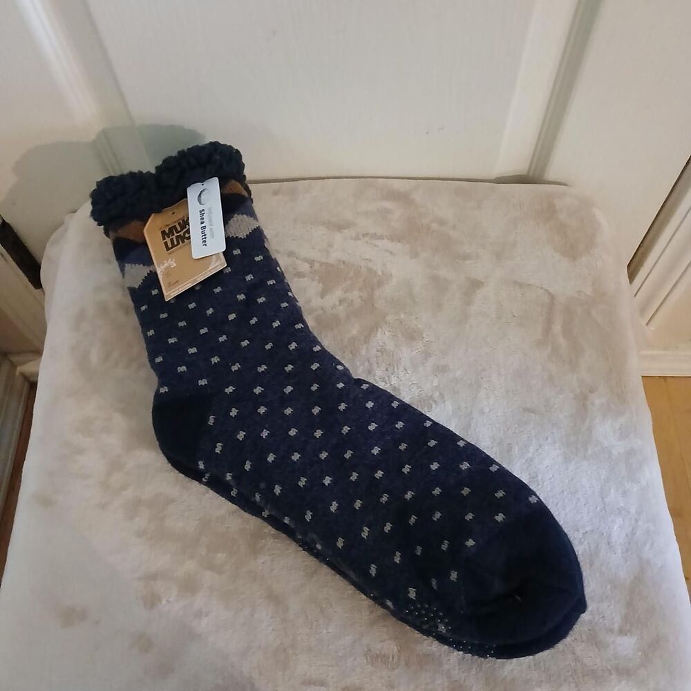 Muk Luks Navy Striped Polka Dot Shea Butter Infused Sherpa Slipper Socks L/XL